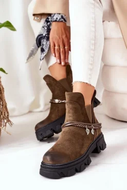 Damskie Boto Ocieplane Botki Sztyblety Ciemnozielone Good Idea