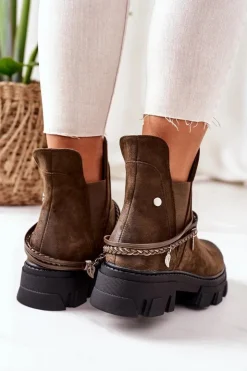 Damskie Boto Ocieplane Botki Sztyblety Ciemnozielone Good Idea