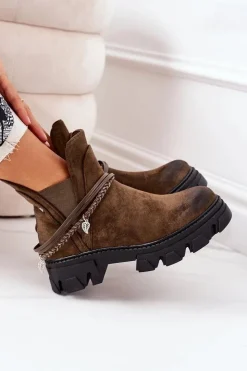 Damskie Boto Ocieplane Botki Sztyblety Ciemnozielone Good Idea