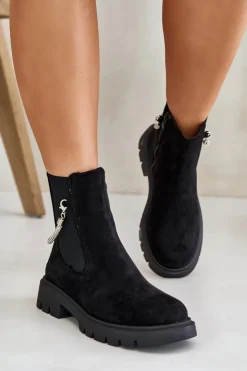 Hot Boto Ocieplane Botki Sztyblety Na Zamek Z Ozdobnym Paskiem Czarne Labenne