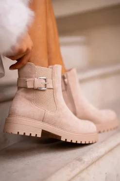 Boto Brązowe I Beżowe Botki|Botki Płaskie*Ocieplane Botki Sztyblety Na Zamek Z Klamrą Beżowe Kikiella