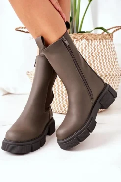 Damskie Boto Ocieplane Botki Sztyblety Ciemnozielone Must Have