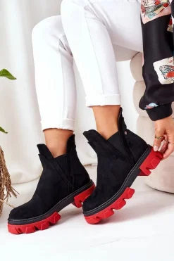 Boto Czarne Botki|Botki Zimowe Damskie*Ocieplane Botki Sztyblety Czarno-Czerwone Fearless