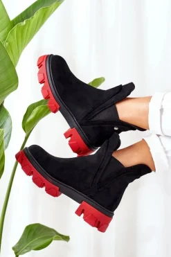 Boto Czarne Botki|Botki Zimowe Damskie*Ocieplane Botki Sztyblety Czarno-Czerwone Fearless