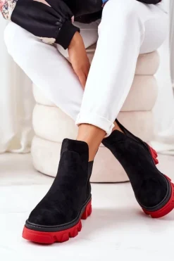Boto Czarne Botki|Botki Zimowe Damskie*Ocieplane Botki Sztyblety Czarno-Czerwone Fearless