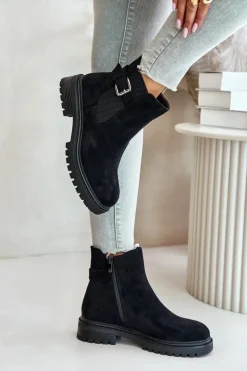 Damskie Boto Ocieplane Botki Sztyblety Na Zamek Z Klamrą Czarne Kikiella