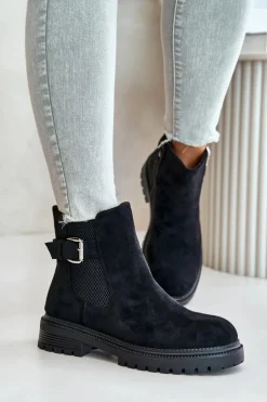 Damskie Boto Ocieplane Botki Sztyblety Na Zamek Z Klamrą Czarne Kikiella