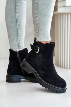 Damskie Boto Ocieplane Botki Sztyblety Na Zamek Z Klamrą Czarne Kikiella