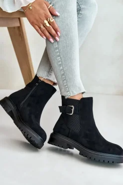Damskie Boto Ocieplane Botki Sztyblety Na Zamek Z Klamrą Czarne Kikiella