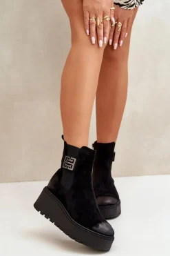 Buty damskie Vinceza Botki Na Koturnie|Czarne Botki*Ocieplane Botki Sztyblety Damskie Na Koturnie I Platformie Z Eko Zamszu Czarne Vinceza 58339