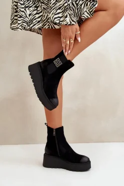 Buty damskie Vinceza Botki Na Koturnie|Czarne Botki*Ocieplane Botki Sztyblety Damskie Na Koturnie I Platformie Z Eko Zamszu Czarne Vinceza 58339