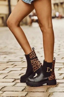 Hot Boto Ocieplane Botki Sztyblety Damskie Ze Złotym Detalem Panterka Czarne Priscilla Czarny