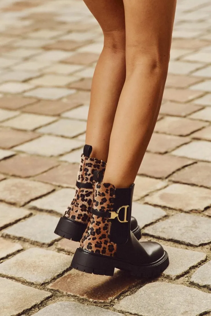 Hot Boto Ocieplane Botki Sztyblety Damskie Ze Złotym Detalem Panterka Czarne Priscilla Czarny