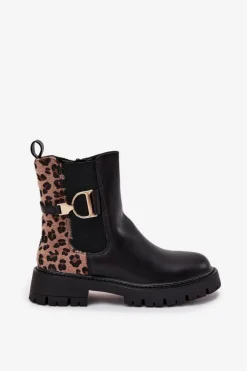 Hot Boto Ocieplane Botki Sztyblety Damskie Ze Złotym Detalem Panterka Czarne Priscilla Czarny