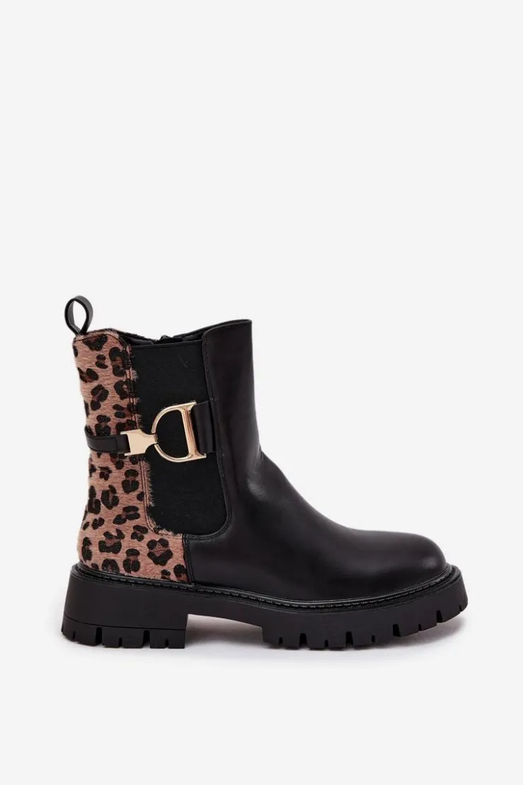 Hot Boto Ocieplane Botki Sztyblety Damskie Ze Złotym Detalem Panterka Czarne Priscilla Czarny