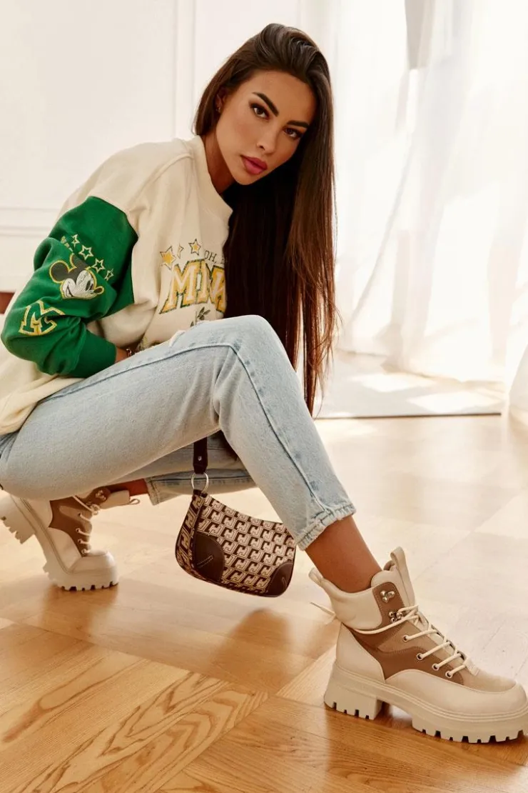 Boto Damskie Trapery|Botki Sznurowane*Ocieplane Botki Trapery Beżowo-Brązowe Settimo