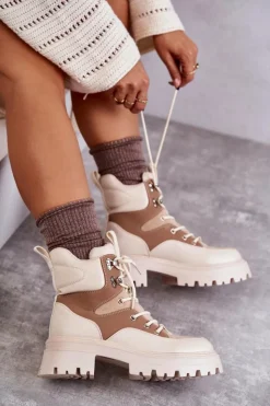 Boto Damskie Trapery|Botki Sznurowane*Ocieplane Botki Trapery Beżowo-Brązowe Settimo