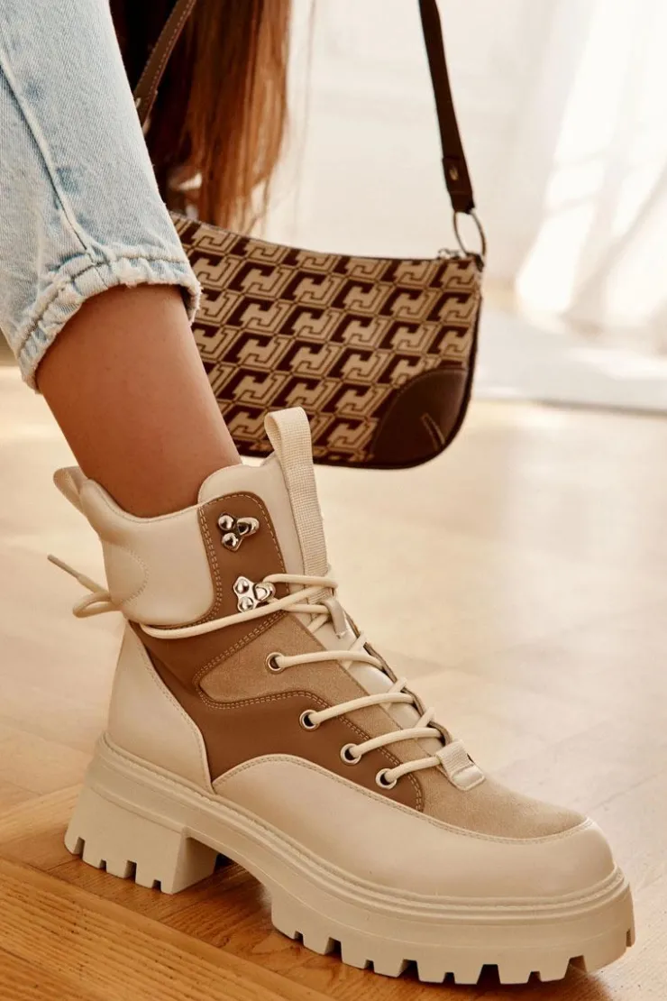 Boto Damskie Trapery|Botki Sznurowane*Ocieplane Botki Trapery Beżowo-Brązowe Settimo