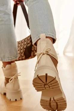 Boto Damskie Trapery|Botki Sznurowane*Ocieplane Botki Trapery Beżowo-Brązowe Settimo