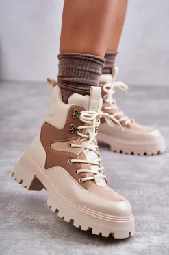 Boto Damskie Trapery|Botki Sznurowane*Ocieplane Botki Trapery Beżowo-Brązowe Settimo