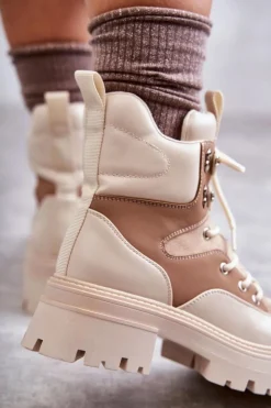 Boto Damskie Trapery|Botki Sznurowane*Ocieplane Botki Trapery Beżowo-Brązowe Settimo