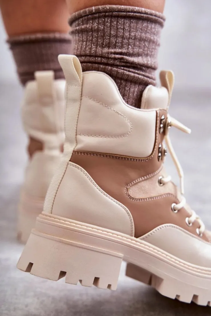 Boto Damskie Trapery|Botki Sznurowane*Ocieplane Botki Trapery Beżowo-Brązowe Settimo