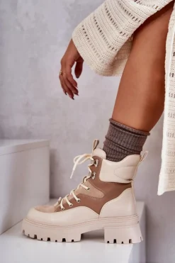 Boto Damskie Trapery|Botki Sznurowane*Ocieplane Botki Trapery Beżowo-Brązowe Settimo