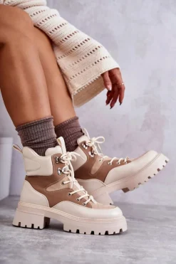 Boto Damskie Trapery|Botki Sznurowane*Ocieplane Botki Trapery Beżowo-Brązowe Settimo