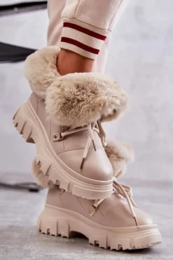 Damskie Boto Ocieplane Botki Trapery Beżowe Charles