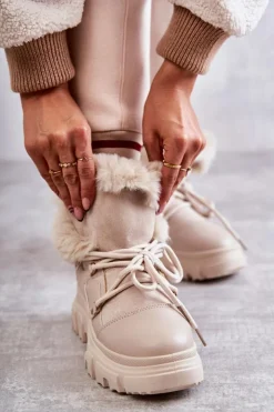 Damskie Boto Ocieplane Botki Trapery Beżowe Charles