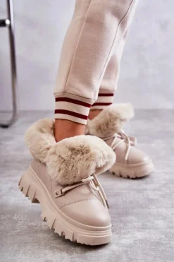 Damskie Boto Ocieplane Botki Trapery Beżowe Charles