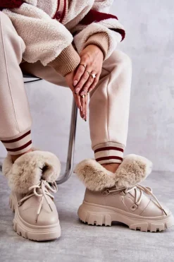 Damskie Boto Ocieplane Botki Trapery Beżowe Charles