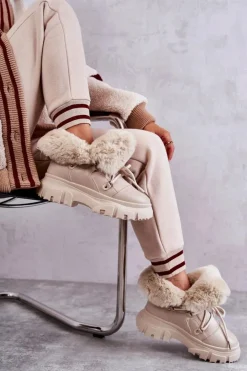 Damskie Boto Ocieplane Botki Trapery Beżowe Charles