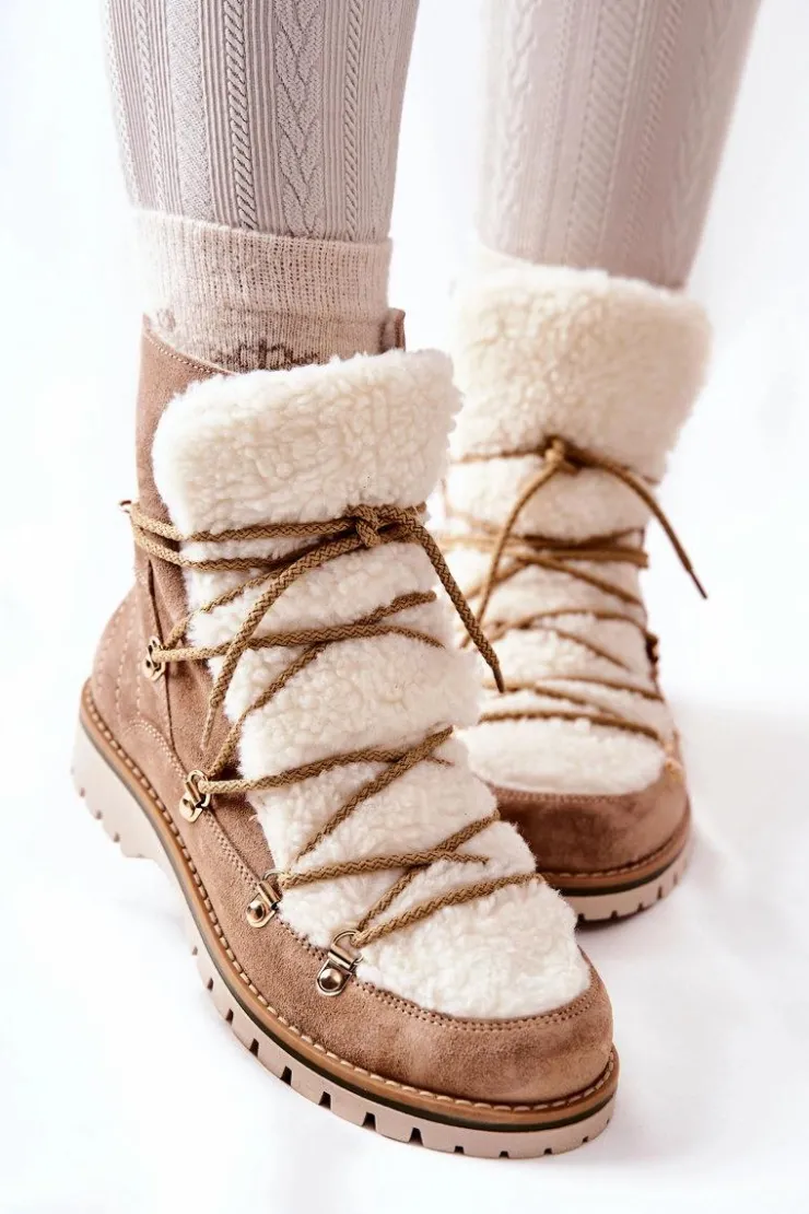 Damskie Boto Ocieplane Botki Trapery Beżowe Jiliana