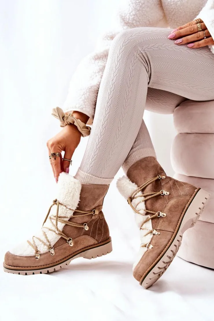 Damskie Boto Ocieplane Botki Trapery Beżowe Jiliana