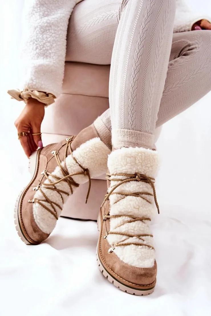 Damskie Boto Ocieplane Botki Trapery Beżowe Jiliana