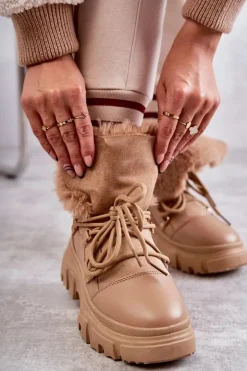 Boto Botki Ocieplane|Damskie Trapery*Ocieplane Botki Trapery Ciemnobeżowe Charles Beżowy
