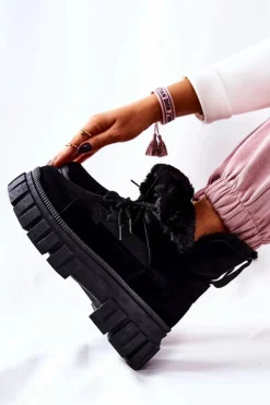 Damskie Boto Ocieplane Botki Trapery Czarne Demaris