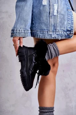 Damskie Boto Ocieplane Botki Trapery Czarne Charles