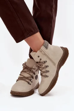Damskie Boto Ocieplane Botki Trapery Damskie Jasnobeżowe Zenaya