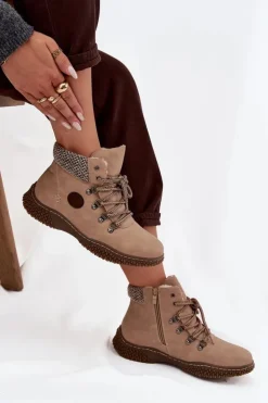 Boto Damskie Trapery|Botki Sznurowane*Ocieplane Botki Trapery Damskie Beżowe Zenaya Beżowy