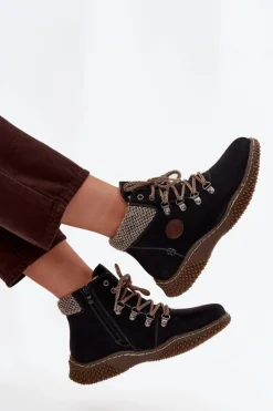 Outlet Boto Ocieplane Botki Trapery Damskie Czarne Zenaya Czarny