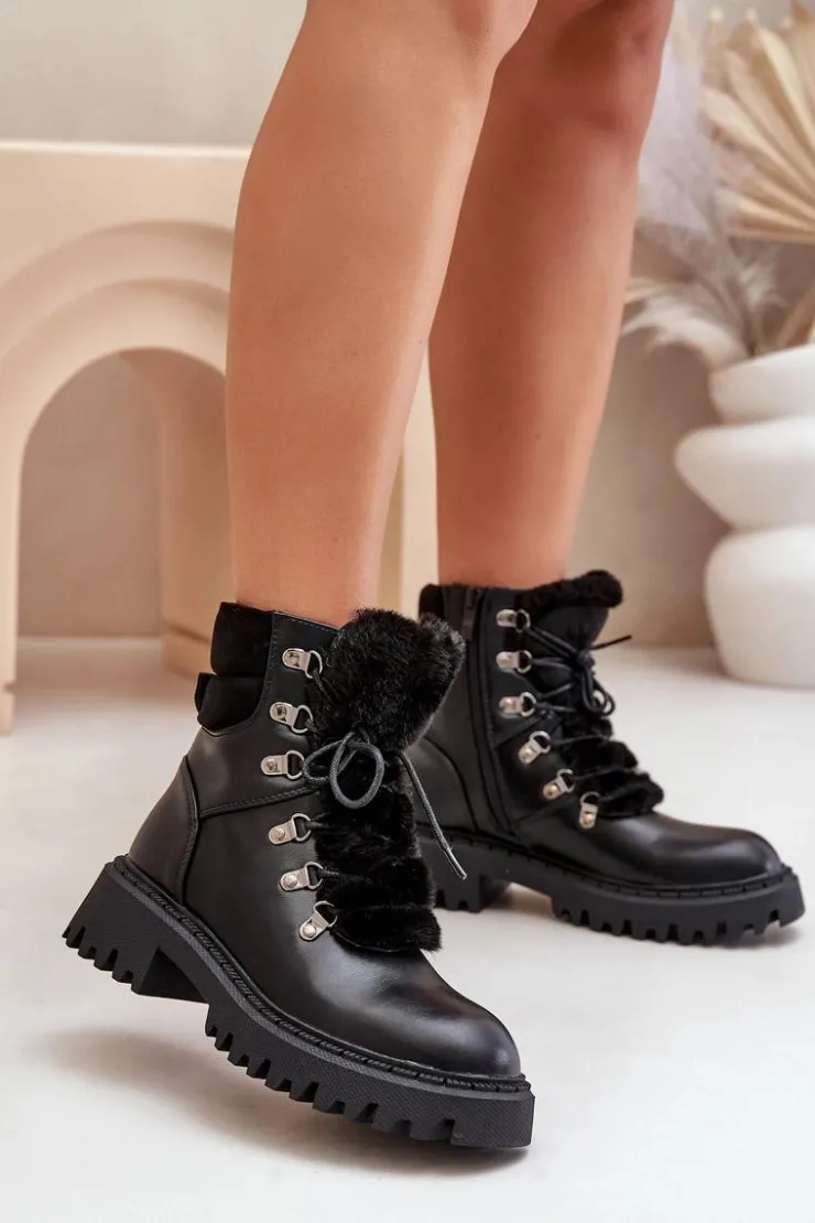 Boto Botki Ocieplane|Damskie Trapery*Ocieplane Botki Trapery Na Zamek Z Eko Skóry Czarne Willatta Czarny