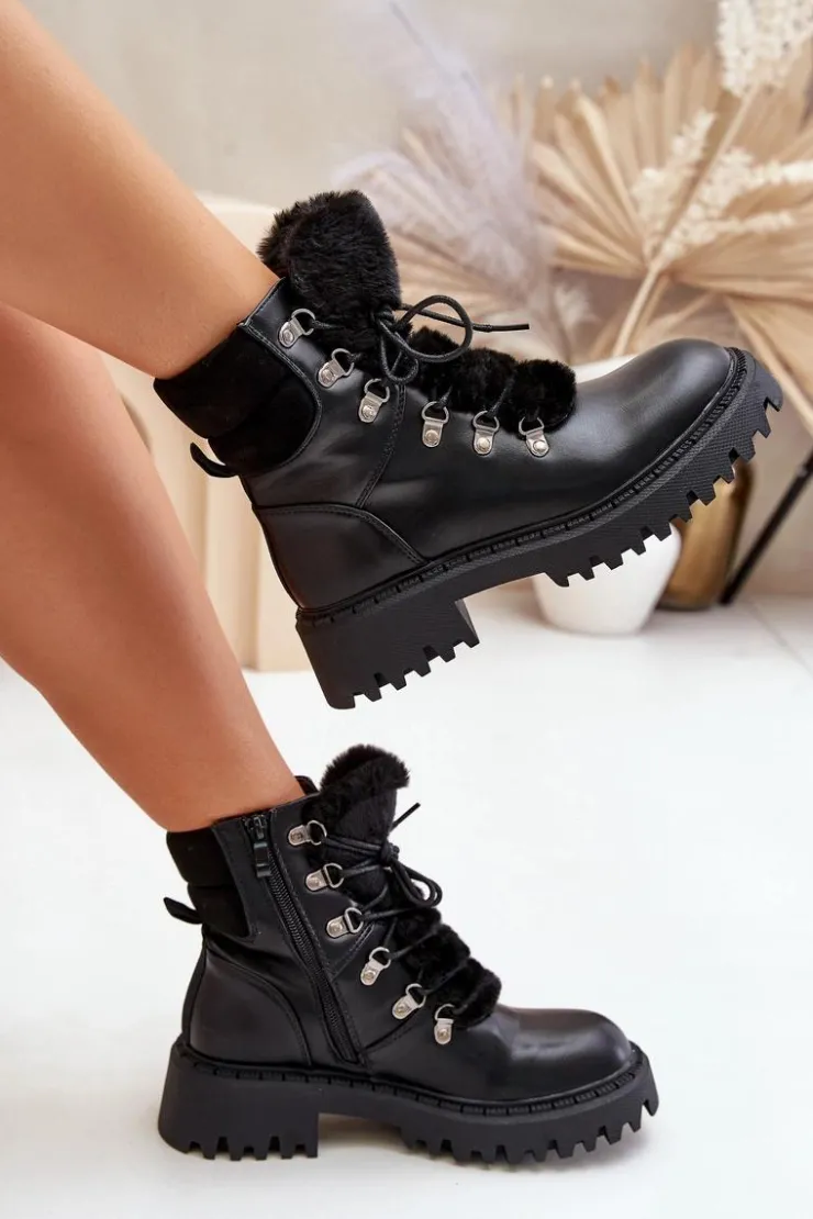 Boto Botki Ocieplane|Damskie Trapery*Ocieplane Botki Trapery Na Zamek Z Eko Skóry Czarne Willatta Czarny