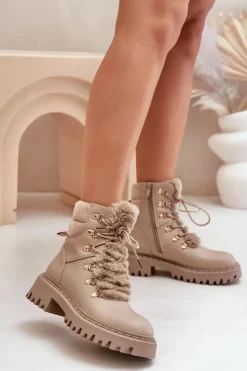 Damskie Boto Ocieplane Botki Trapery Na Zamek Z Eko Skóry Beżowe Willatta