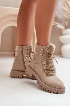 Damskie Boto Ocieplane Botki Trapery Na Zamek Z Eko Skóry Beżowe Willatta