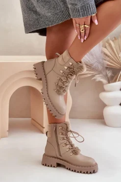 Damskie Boto Ocieplane Botki Trapery Na Zamek Z Eko Skóry Beżowe Willatta