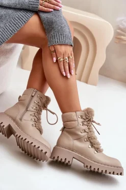 Damskie Boto Ocieplane Botki Trapery Na Zamek Z Eko Skóry Beżowe Willatta