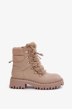Damskie Boto Ocieplane Botki Trapery Na Zamek Z Eko Skóry Beżowe Willatta