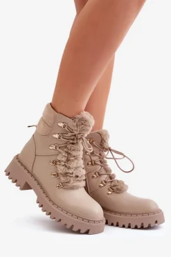Damskie Boto Ocieplane Botki Trapery Na Zamek Z Eko Skóry Beżowe Willatta